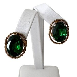 Vintage Green Glass Oval Screw Back Earrings Sterling Silver Rope Border Retro